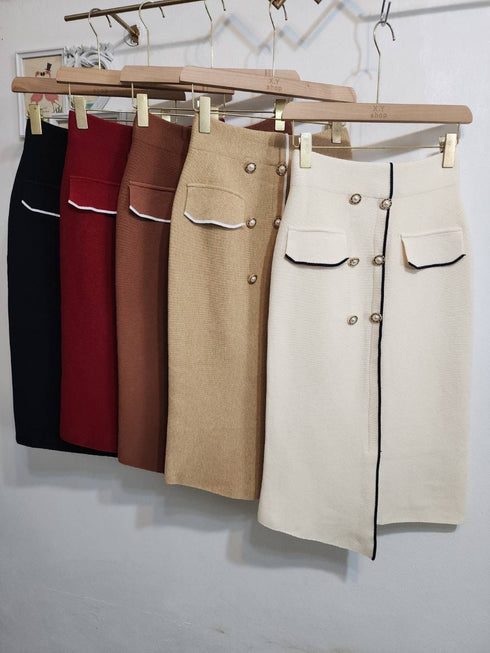 High End Knitted Button High Waist Formal Skirts